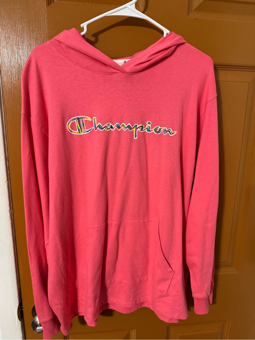 Champion Coral Pink Hoodie with Multicolor Script Logo